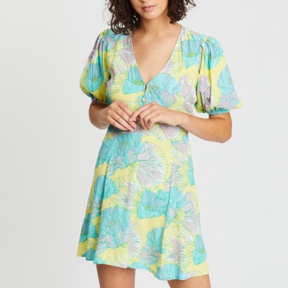 Faithfull The Brand Yellow Blue Ilia Floral V Neck Short Sleeve Mini Dress XS